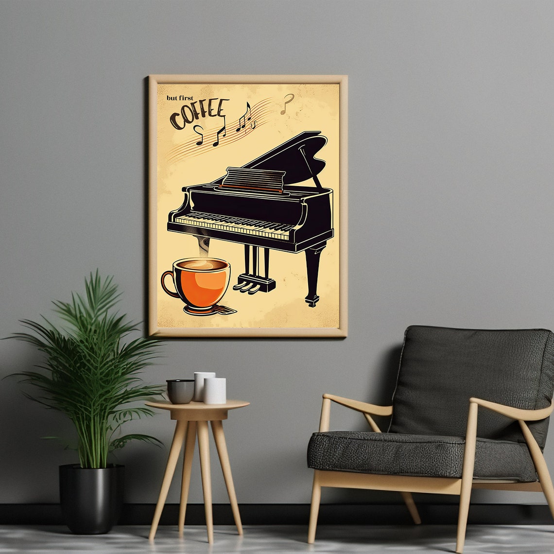 But First Coffee Grand Piano Musical Notes Vintage Kitchen Poster - Image 3