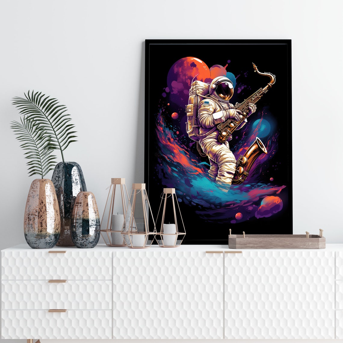 Astronaut Playing Saxophone Space Planets Neon Galaxy Art Poster - Image 3