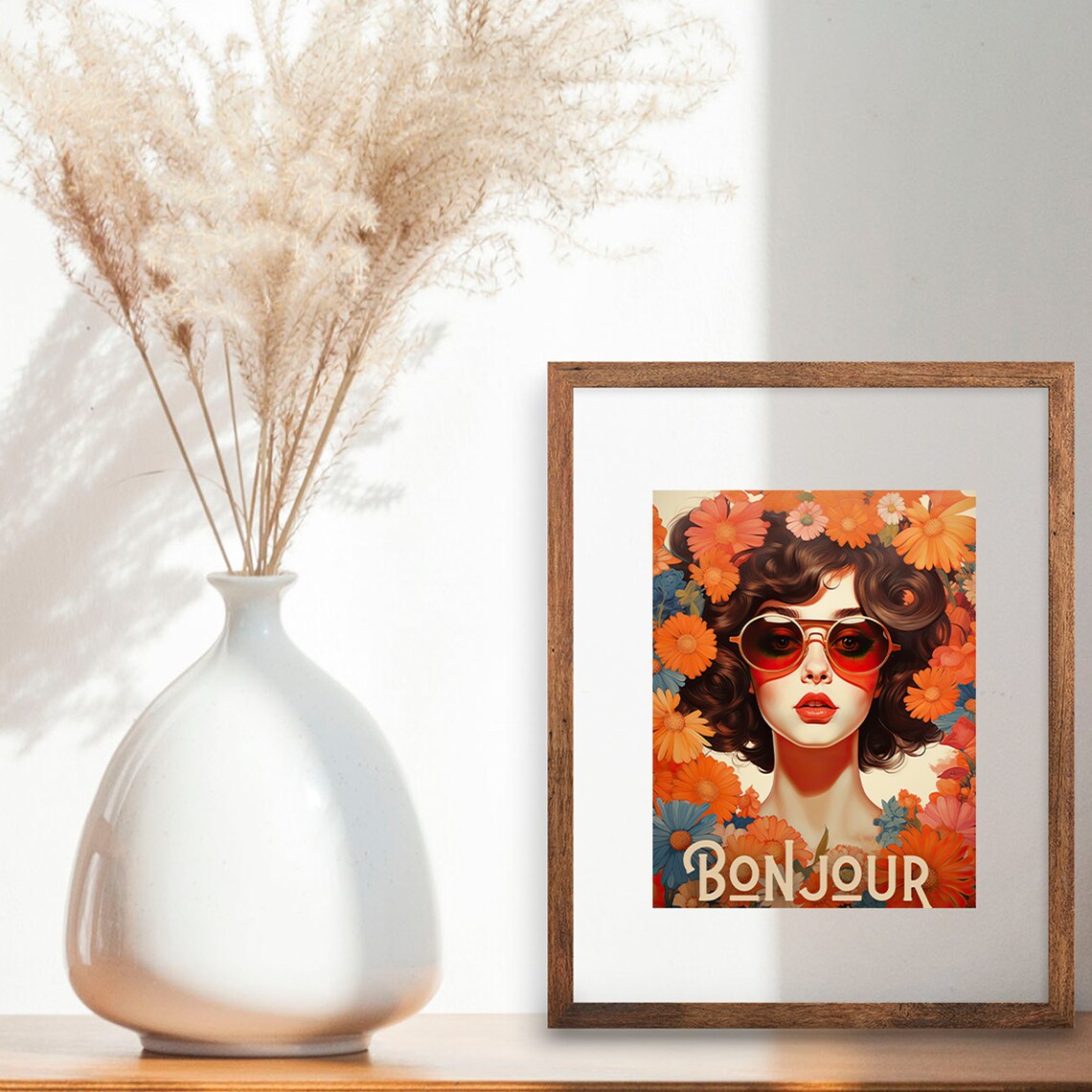Bonjour French Retro Woman with Sunglasses Floral Pop Art Poster - Image 5