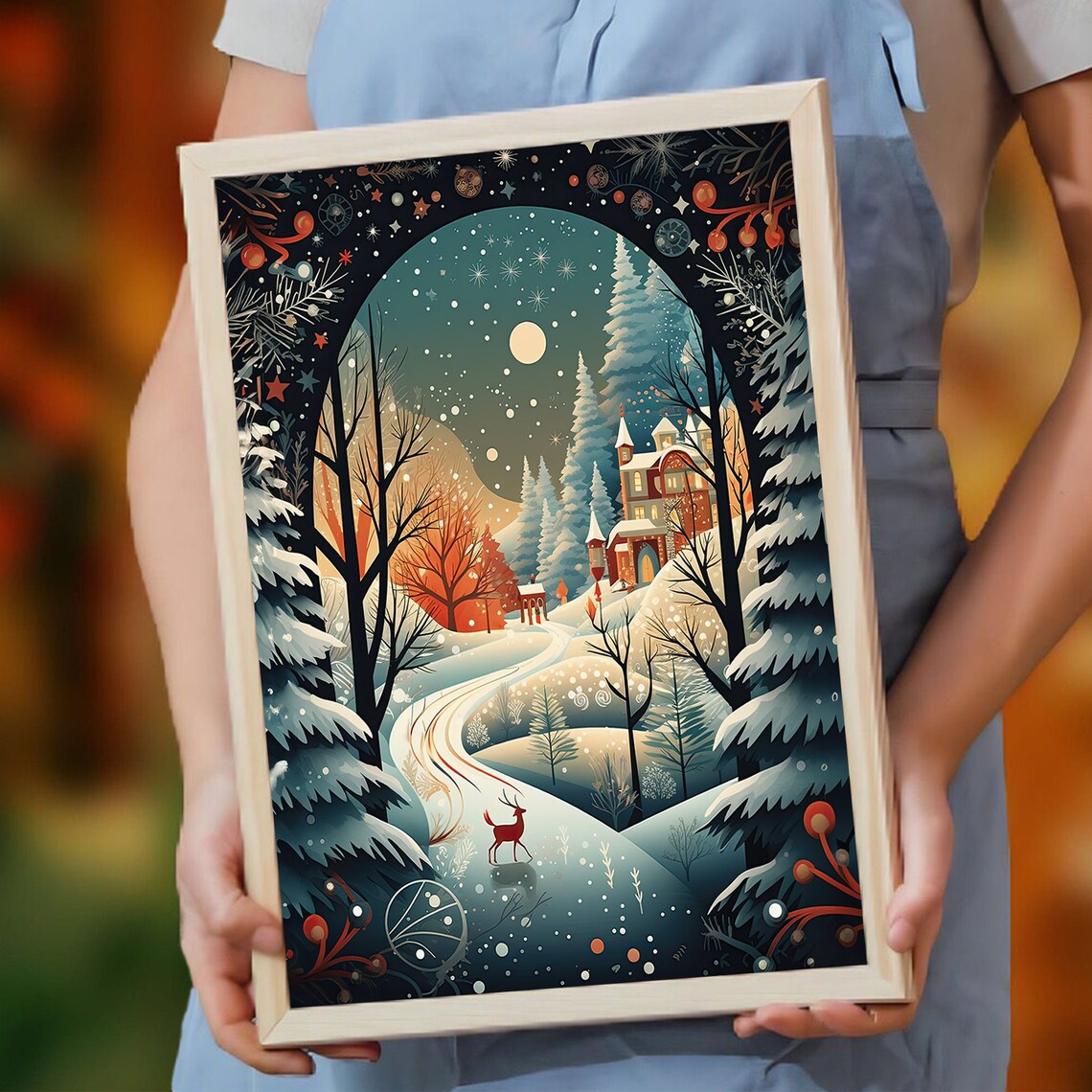 Winter Wonderland Deer Cabin Snowy Forest Moonlit Night Poster - Image 2