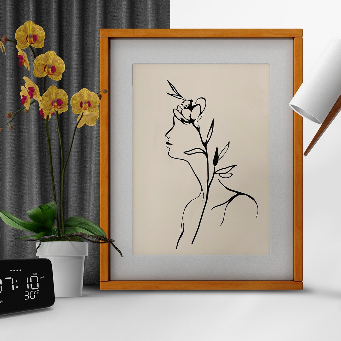 Minimalist Line Art Woman Profile with Flower Beige Art Poster - Image 4