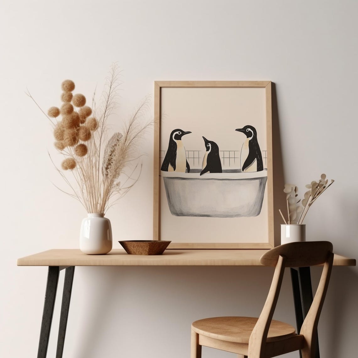 Three Penguins In Gray Bathtub Minimalist Beige Bathroom Poster - Image 2