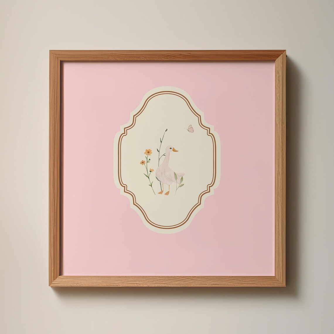 Pink Square Goose Flowers Butterfly Watercolor Nursery Poster