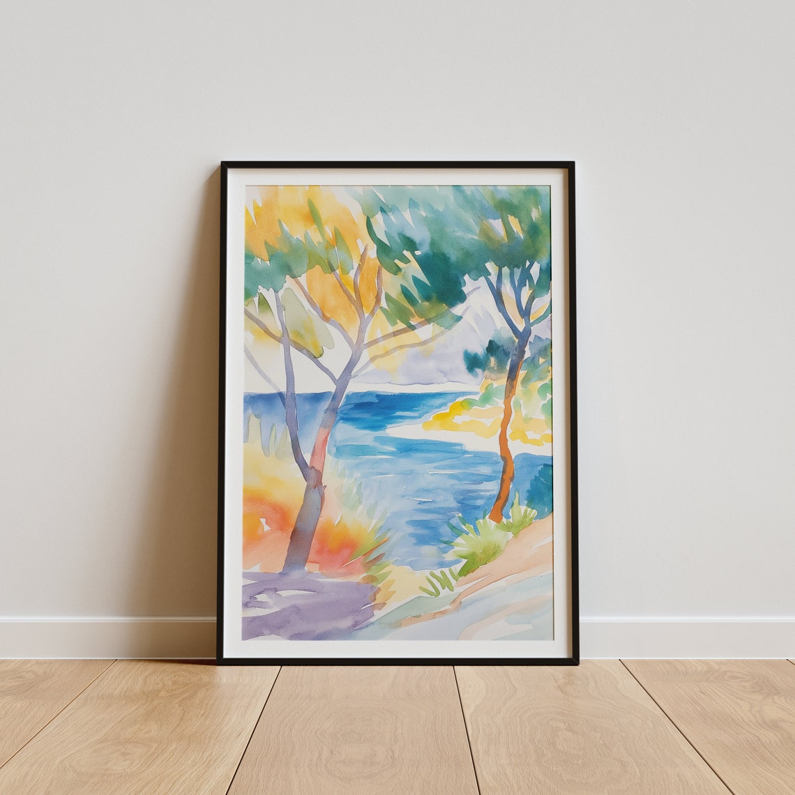 Watercolor Trees Framing Blue Lake Cove Coastal Landscape Poster - Image 5