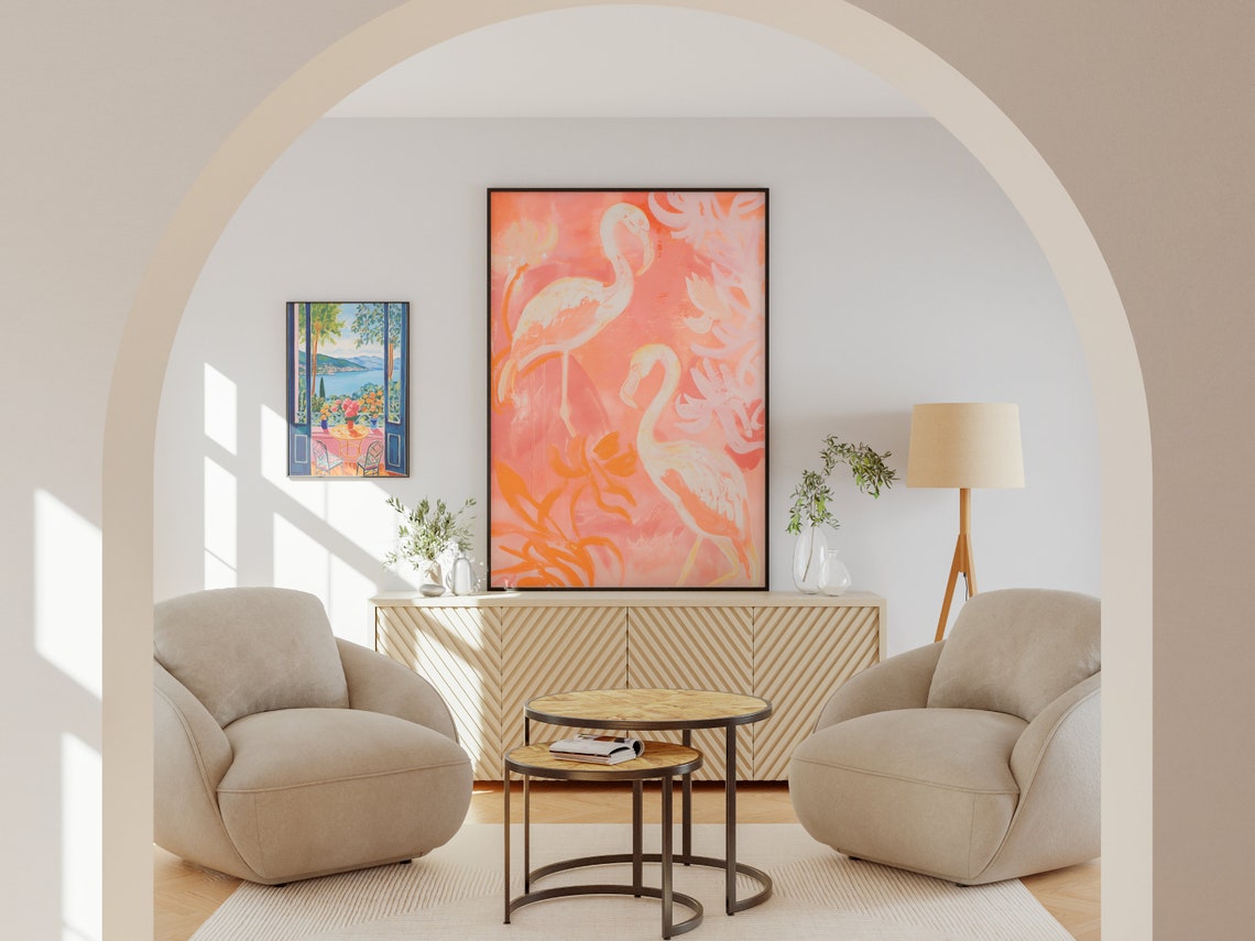 Elegant Pink Flamingos Coral Tropical Blush Bird Scene Poster - Image 5