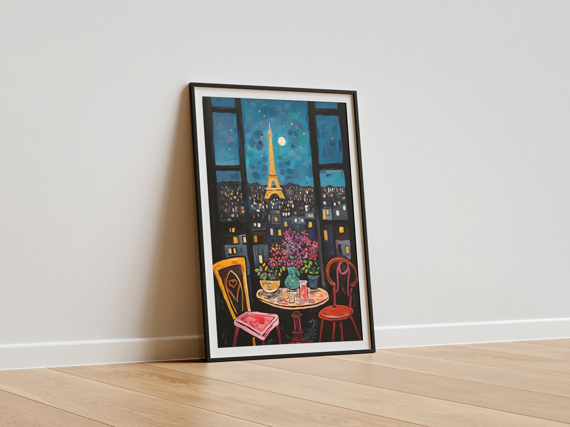 Paris Night Window View Eiffel Tower Fauvist Cafe Scene Poster - Image 4
