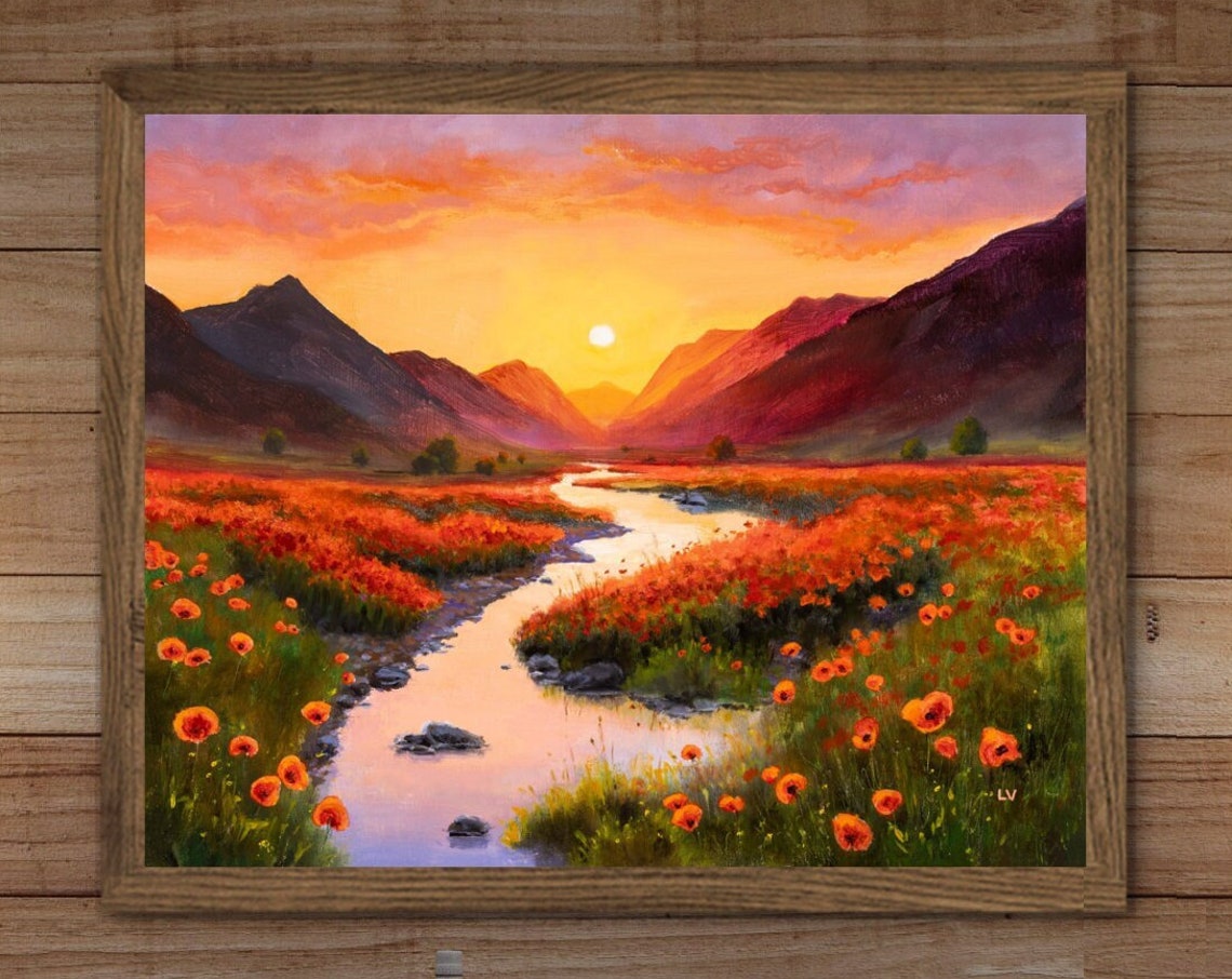 Golden Sunset River Winding Through a Meadow of Red Poppies Poster - Image 3