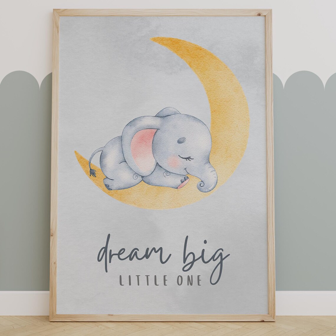 Dream Big Little One Sleeping Elephant Moon Nursery Bedtime Poster