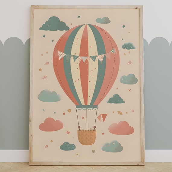 Pastel Hot Air Balloon Nursery Print Whimsical Baby Room Wall Decor Dreamy Sky Themed Kids Room Art Colorful Vintage Balloon Illustration