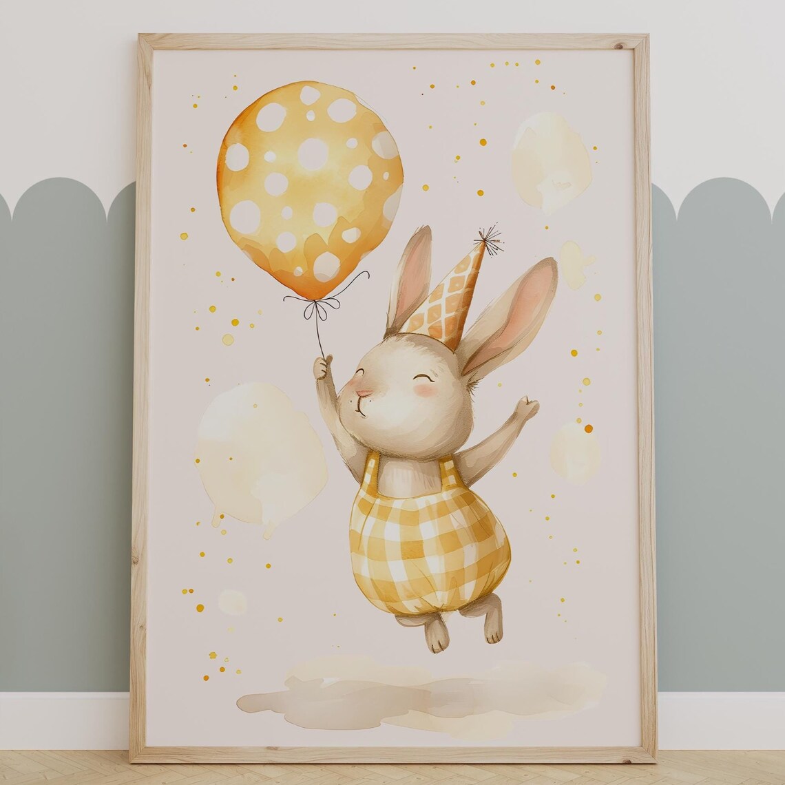 Party Bunny Yellow Gingham Balloon Birthday Watercolor Kids Poster