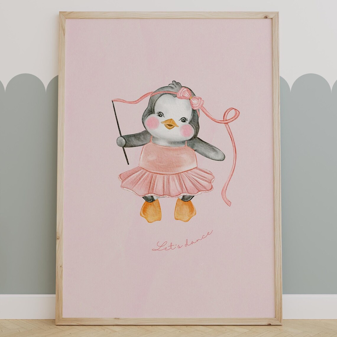 Let's Dance Penguin Ballerina Pink Tutu Watercolor Nursery Poster