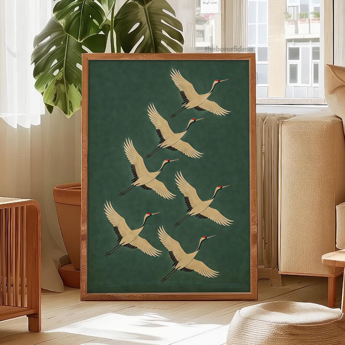 Emerald Cranes Flock Japanese Vintage Green Gold Bird Wall Art