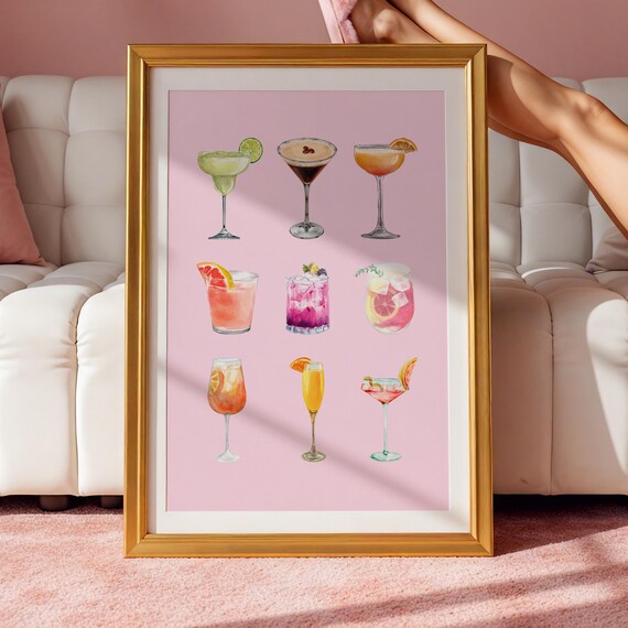 Pink Bar Cart Watercolor Cocktails Nine Drinks Kitchen Poster
