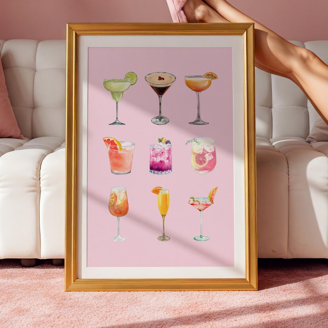 Pink Bar Cart Watercolor Cocktails Nine Drinks Kitchen Poster