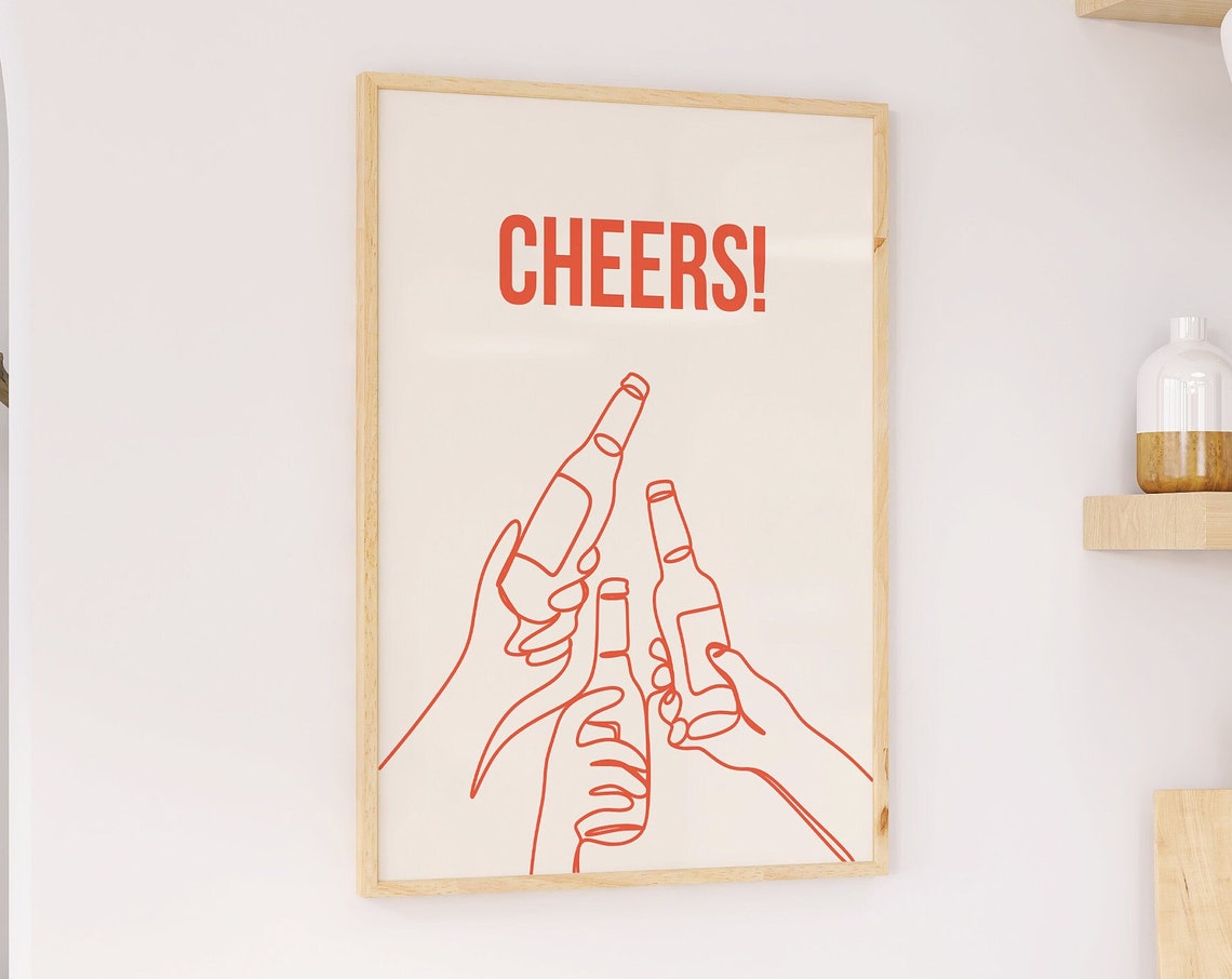 Cheers Beer Bottles Clinking Hands Orange Line Art Modern Bar Poster