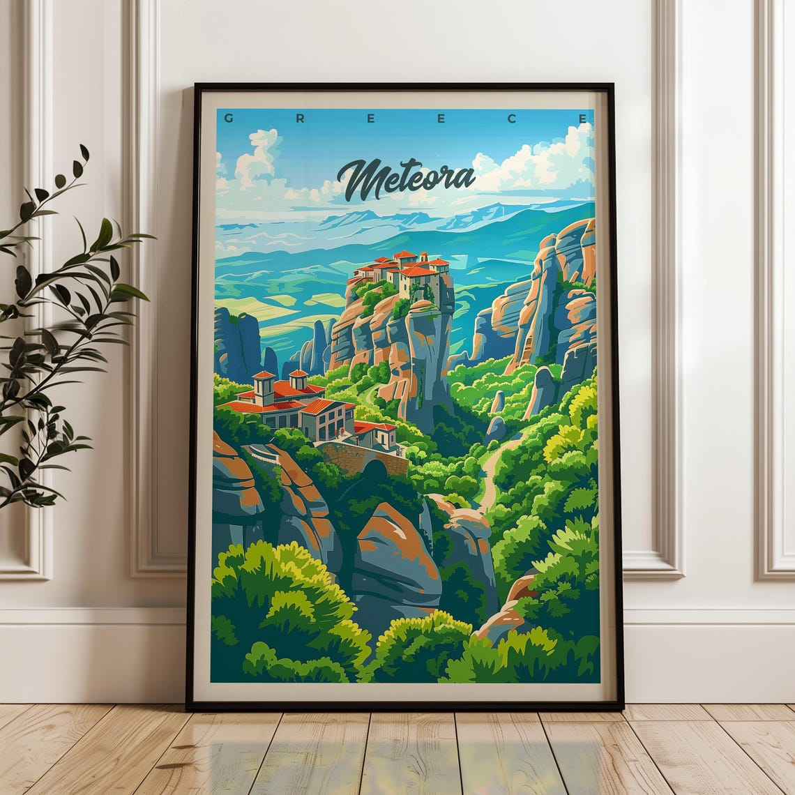 Meteora Monasteries Atop Rock Pillars Greece Cliffside Travel Poster
