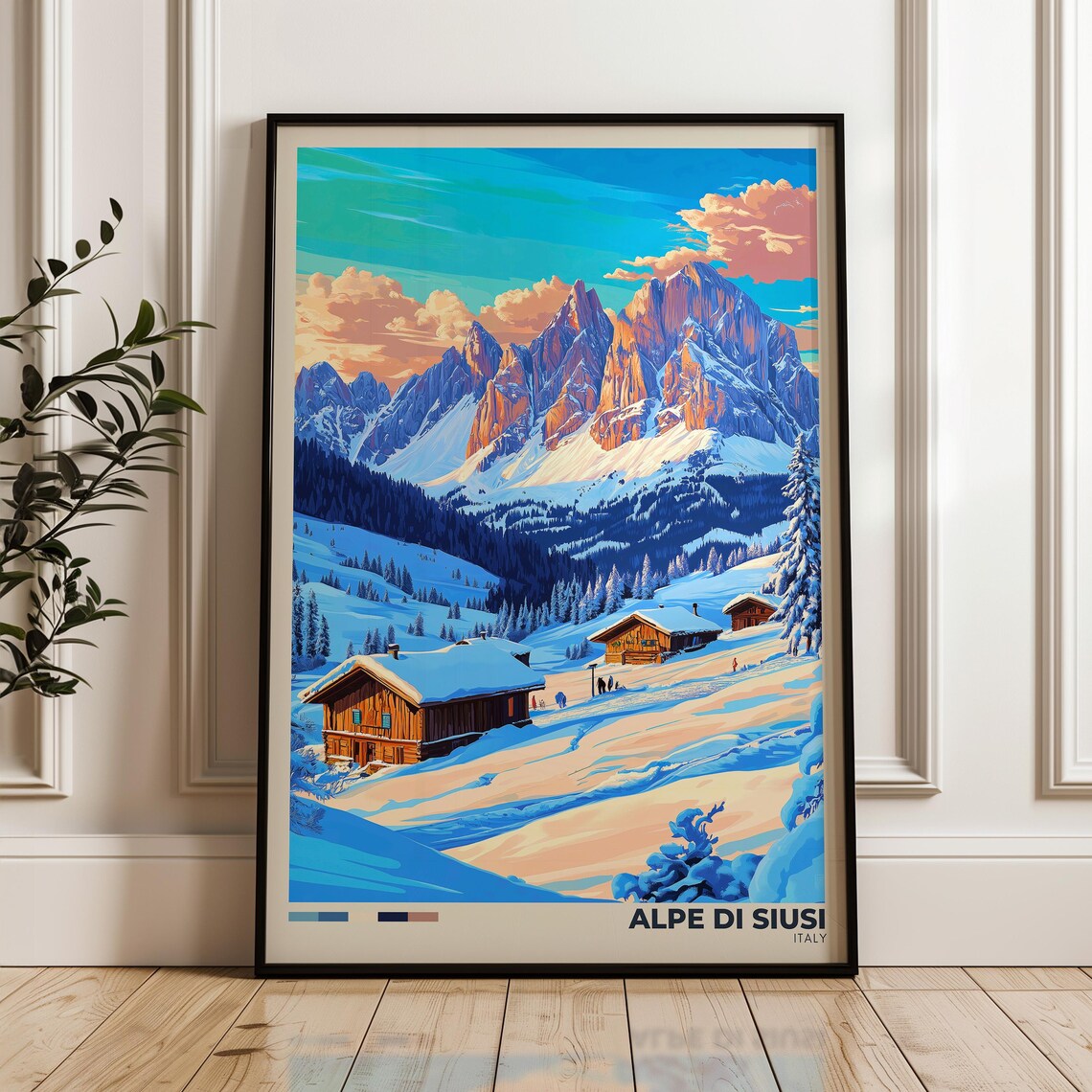 Alpe Di Siusi Italy Dolomites Ski Chalet Winter Travel Poster