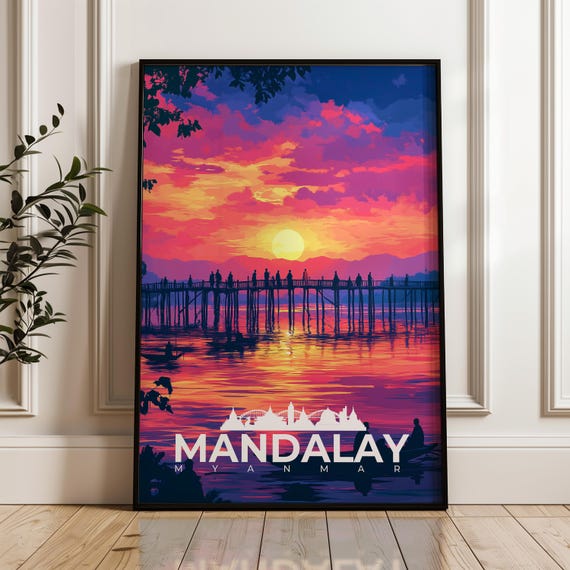 Mandalay Travel Poster, Myanmar River Illustration