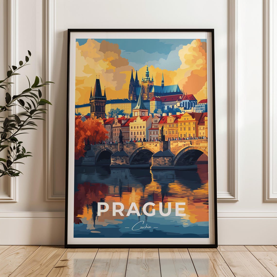 Prague Charles Bridge at Golden Hour with Castle Czechia Travel Poster