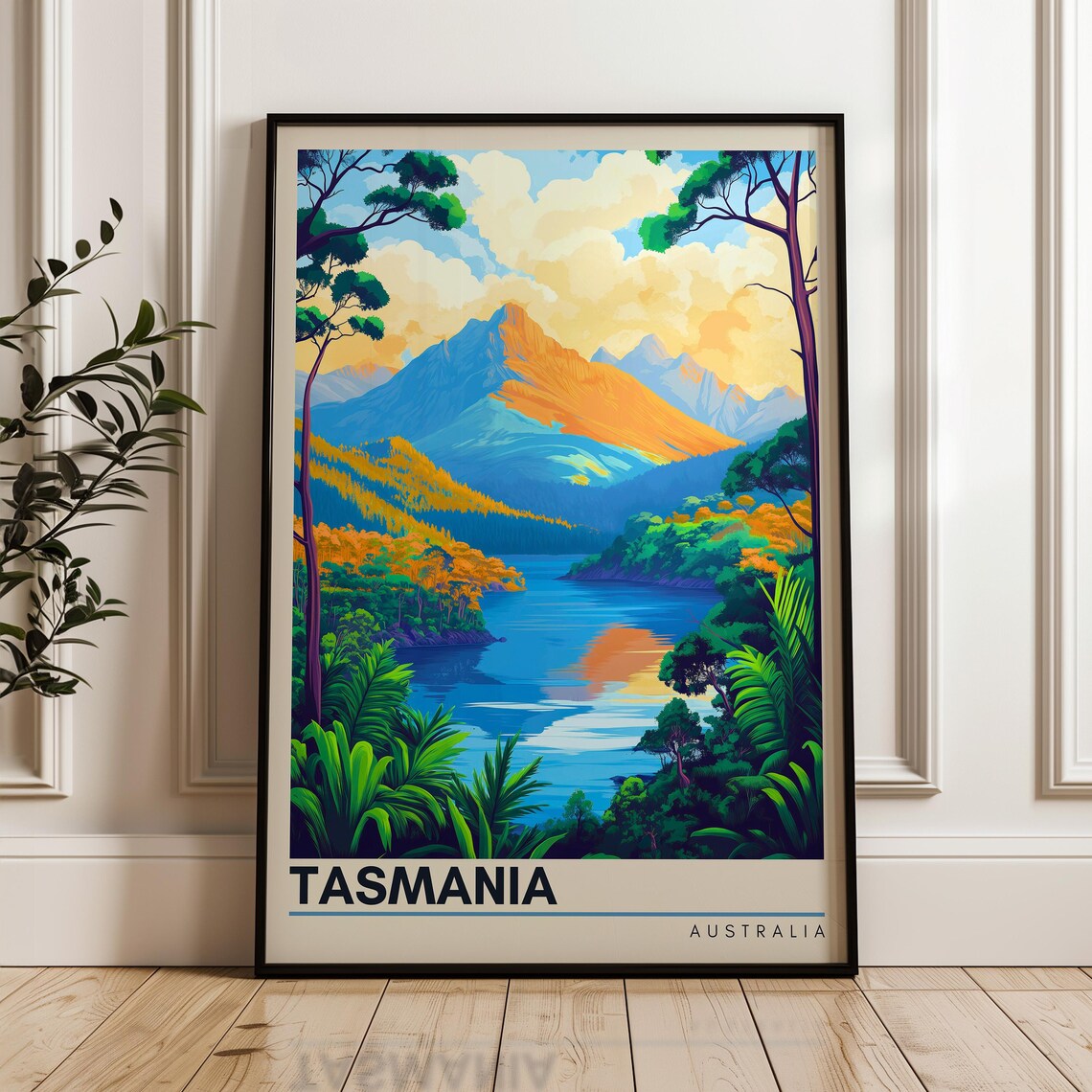 Tasmania Australia Mountain Lake Sunrise Vintage Travel Poster