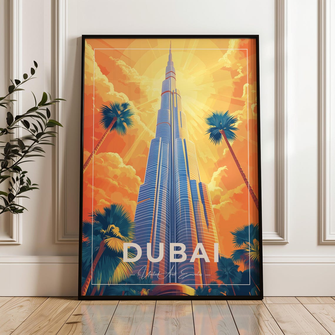 Dubai UAE Burj Khalifa Golden Sunset Skyline Palms Travel Poster