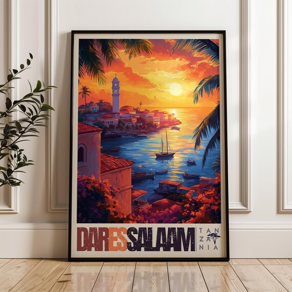 Dar es Salaam Tanzania Travel Poster Sunset Harbor Clock Tower Scene