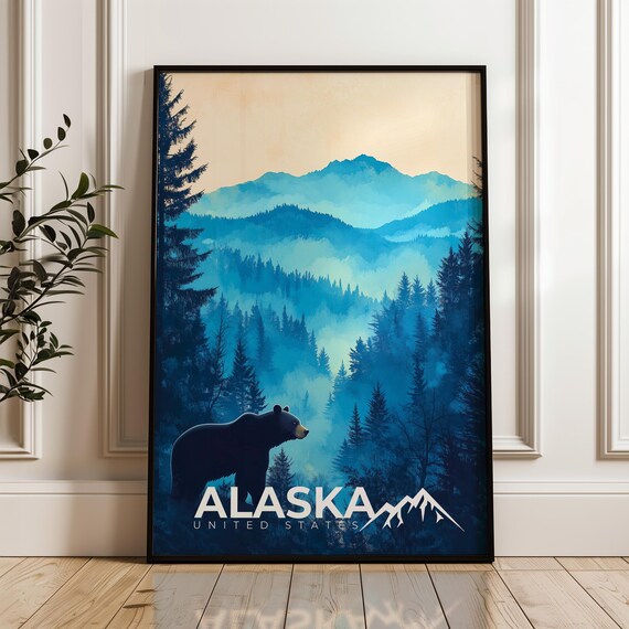Alaska Travel Poster, Black Bear Illustration