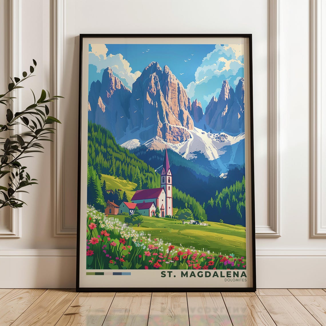 St Magdalena Church Beneath Jagged Dolomite Peaks Alpine Travel Poster