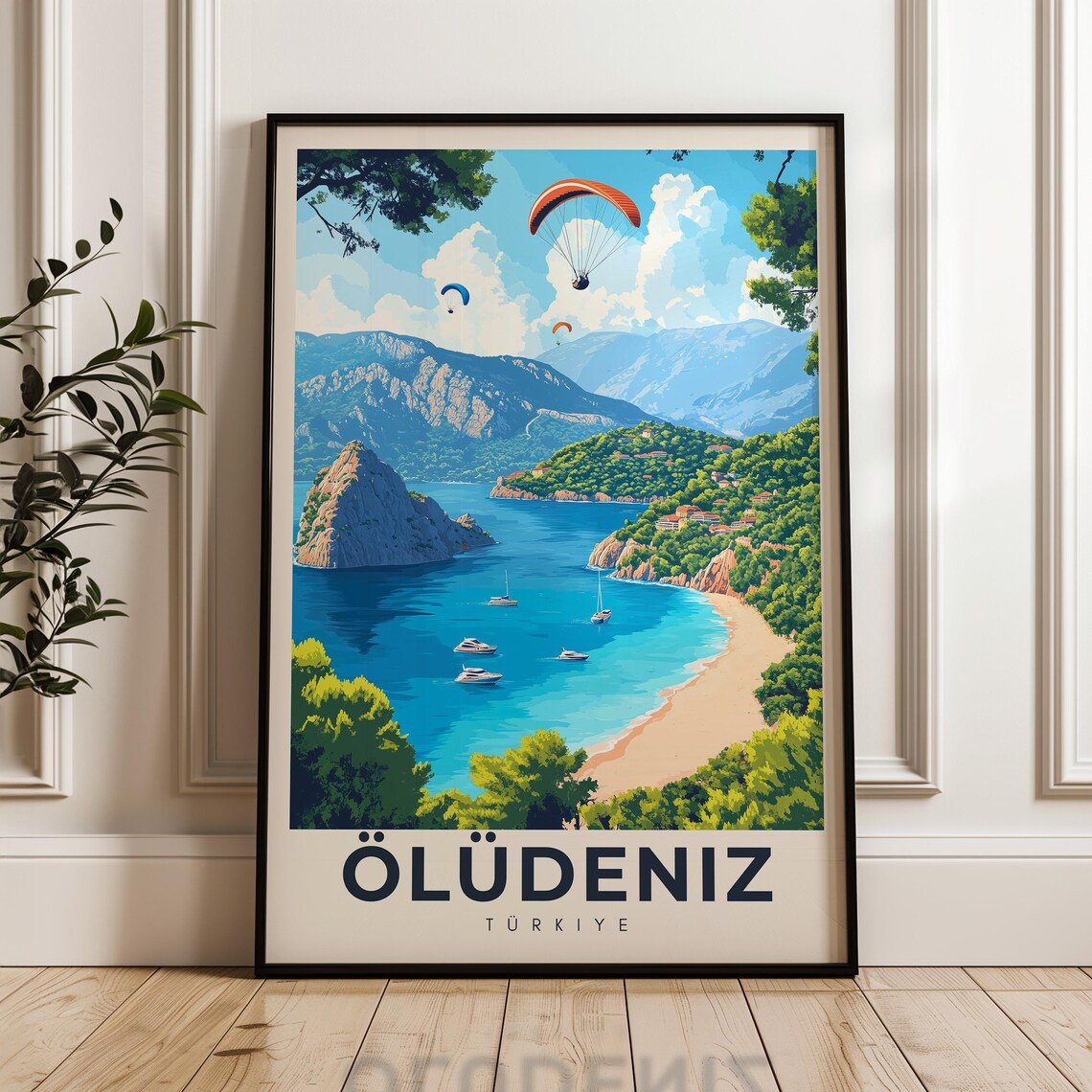 Oludeniz Turkiye Paragliding Over Blue Lagoon Cove Travel Poster