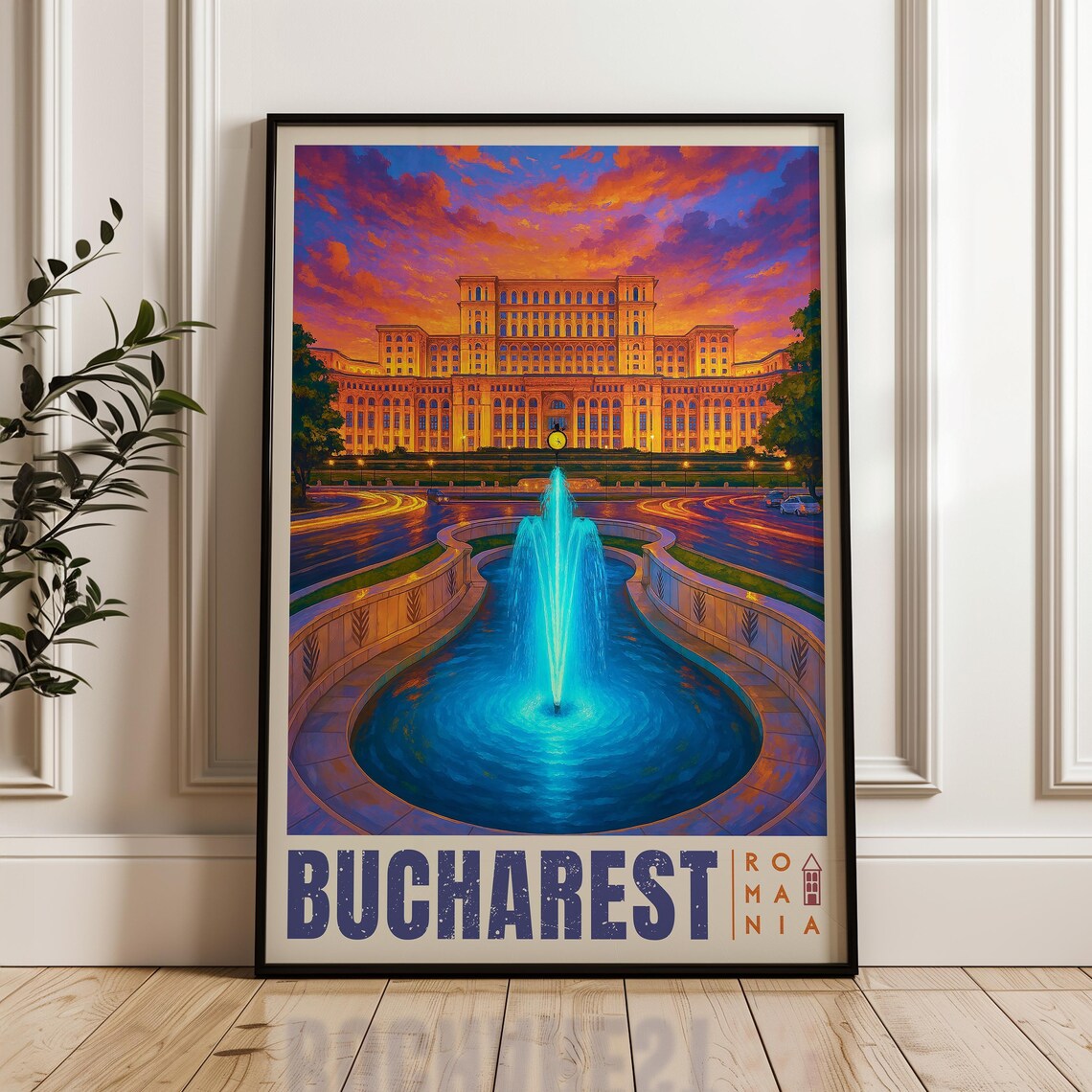Bucharest Romania Parliament Palace Fountain Retro Night View Poster