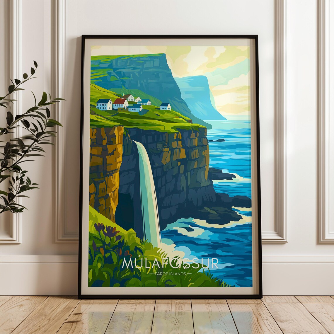 Mlafossur Waterfall Travel Poster, Europe Illustration