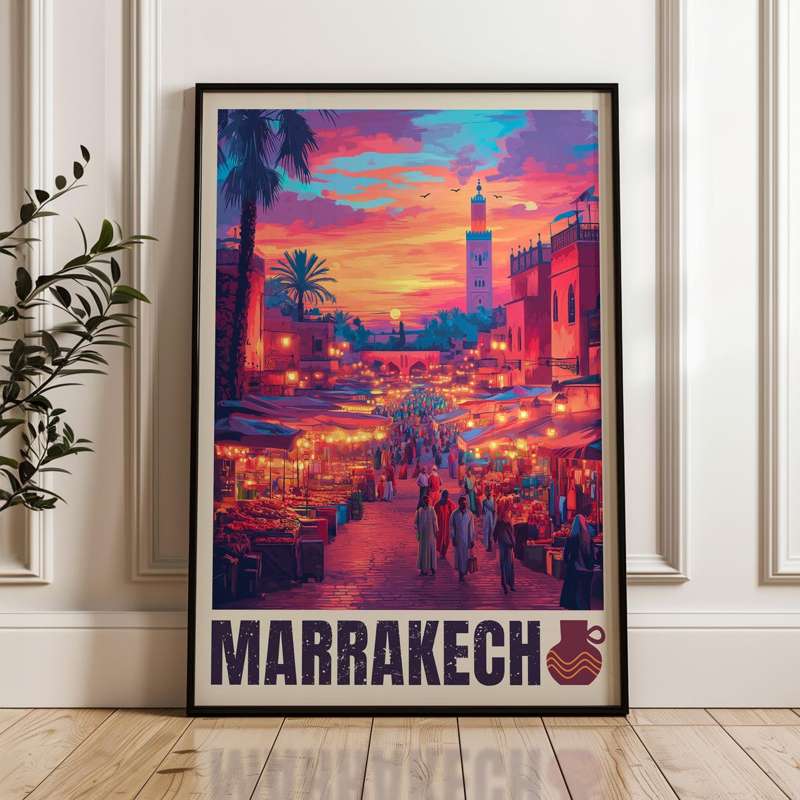 Marrakech Morocco Night Souk Minaret Sunset Market Travel Poster