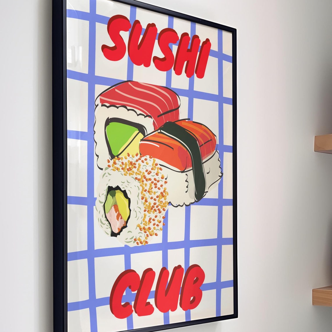 Fun Sushi Club Illustration Poster with Sushi Rolls on Blue Grid