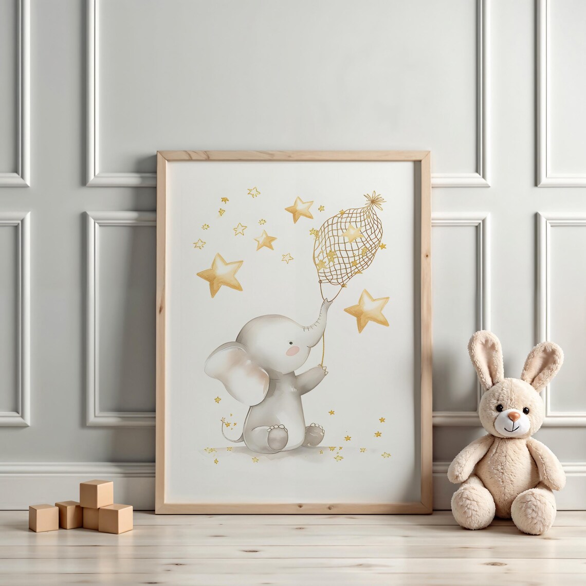 Elephant Catching Stars in a Net Gold Starry Nursery Wall Art - Image 3
