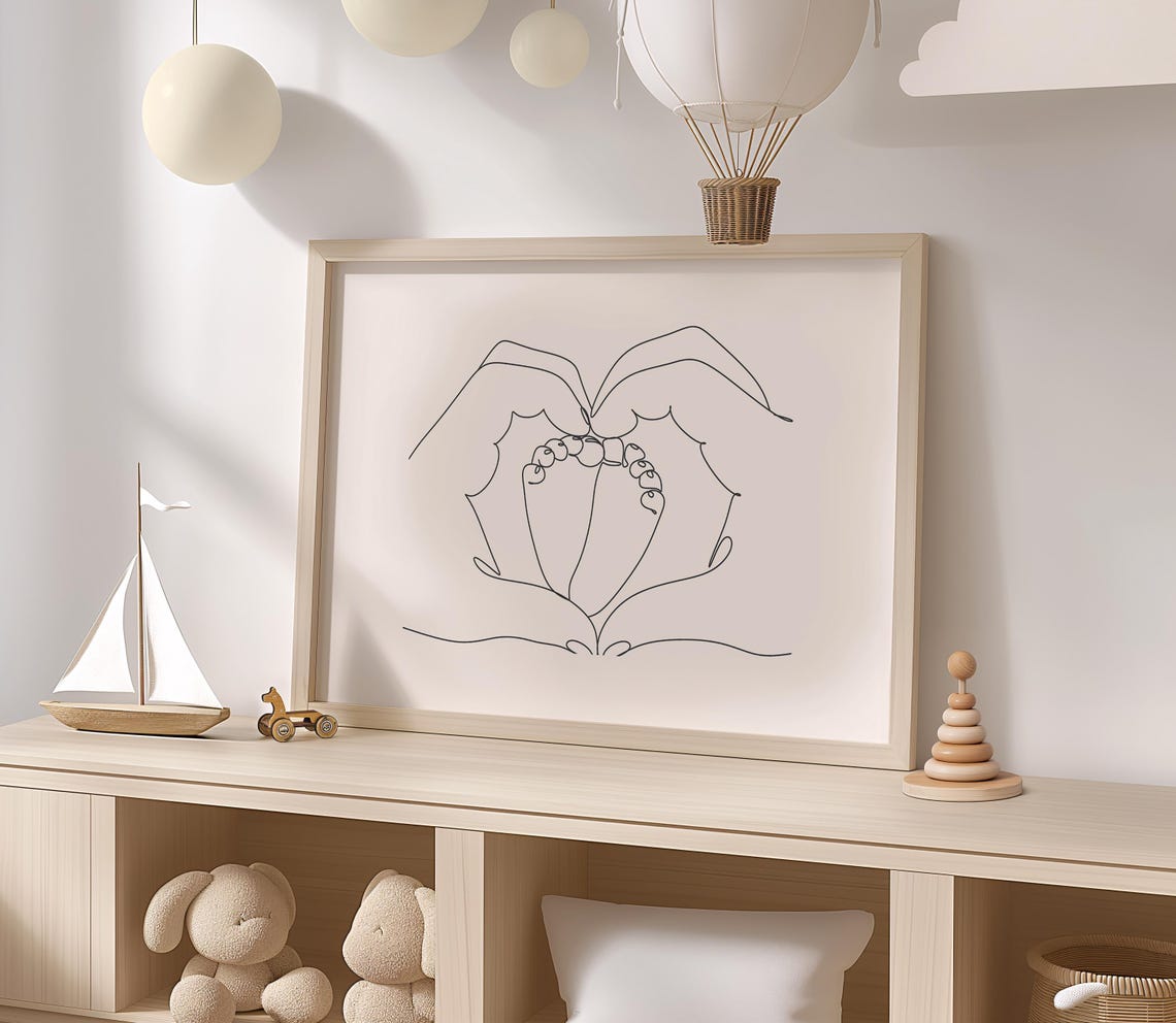 Minimalist Line Art Hands Holding Baby Feet Nursery Wall Decor Poster - Image 2