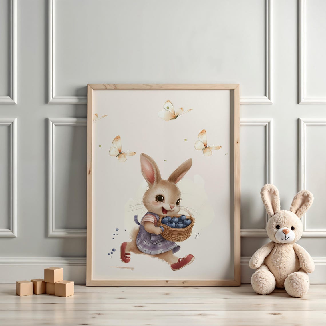 Bunny Carrying Blueberry Basket Butterflies Watercolor Kids Poster - Image 3