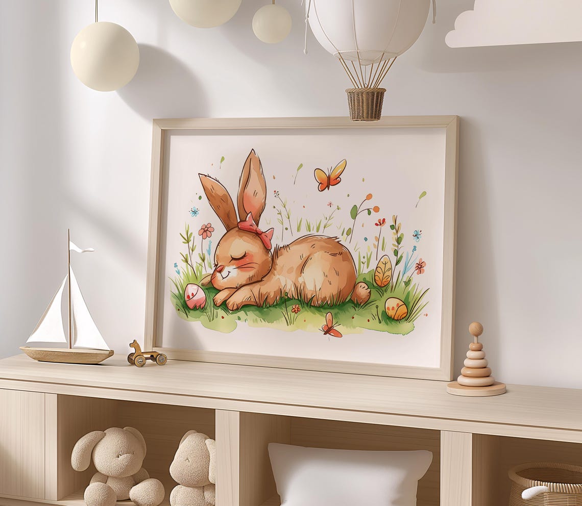 Sleeping Bunny With Easter Eggs Spring Watercolor Nursery Wall Poster - Image 2