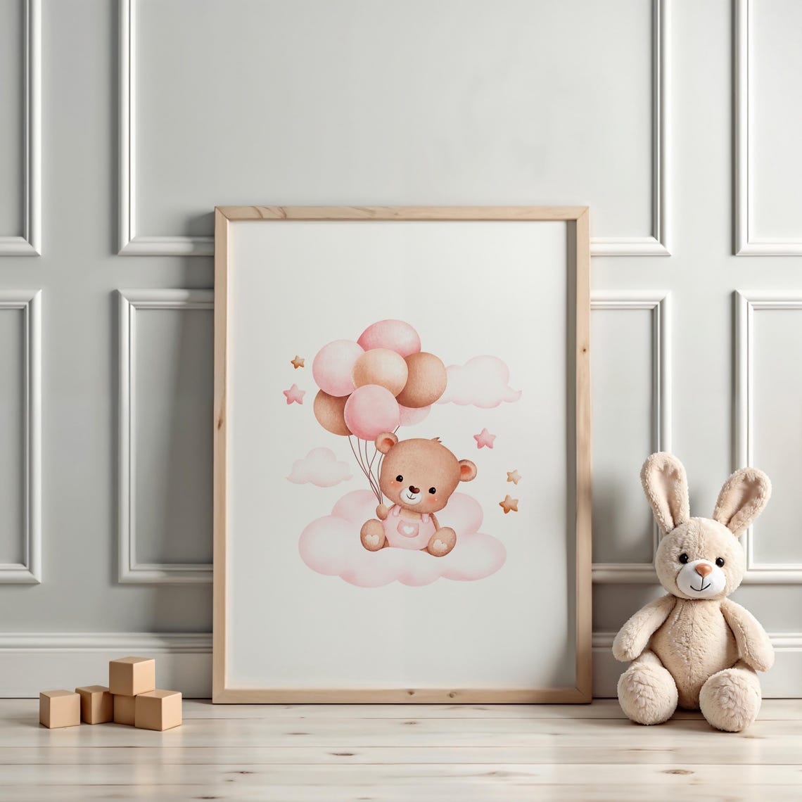 Sweet Teddy Bear Floating on Balloons Above Pink Clouds Poster - Image 3