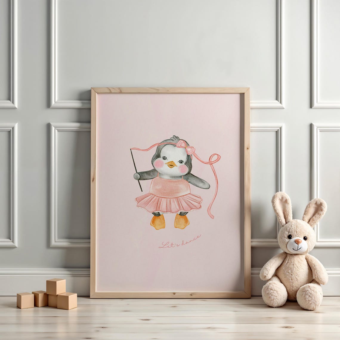 Let's Dance Penguin Ballerina Pink Tutu Watercolor Nursery Poster - Image 3