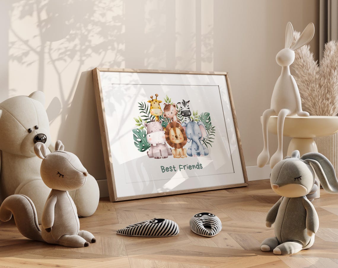 Best Friends Safari Animals Jungle Leaves Watercolor Nursery Poster - Image 4