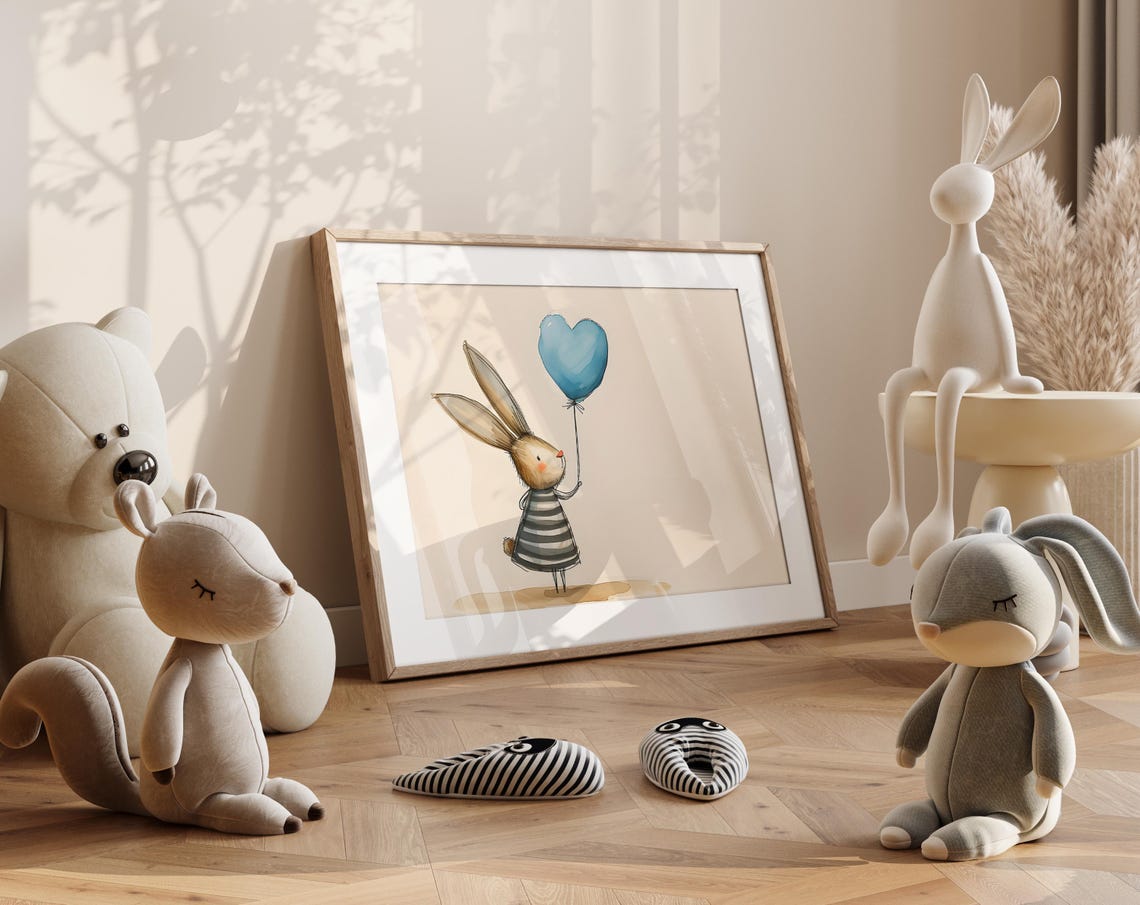 Bunny In Striped Dress With Heart Balloon Cute Nursery Wall Poster - Image 4
