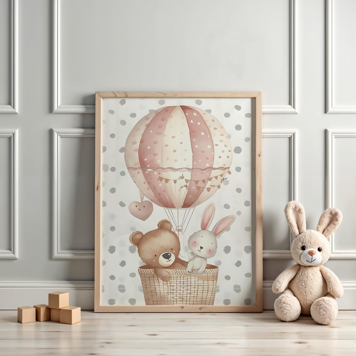 Teddy Bear and Bunny Riding a Pink Hot Air Balloon Nursery Poster - Image 3