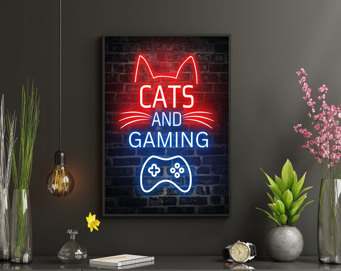 Cats and Gaming Neon Sign Poster for Cat Lovers Game Room Wall Decor