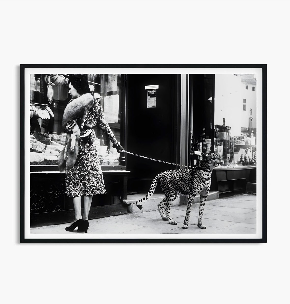 A Stylish Woman Walking Cheetah on Leash Vintage Photo Poster