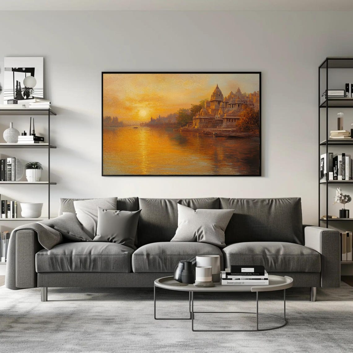 Golden Sunset Over Ancient Varanasi Ghats Riverside Temples Poster - Image 2