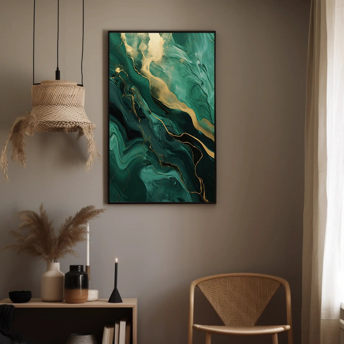 Luxurious Emerald Green Gold Marble Fluid Abstract Art Poster - Image 2