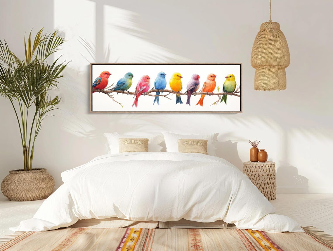 Eight Colorful Birds On A Branch Panoramic Nature Art Poster - Image 2