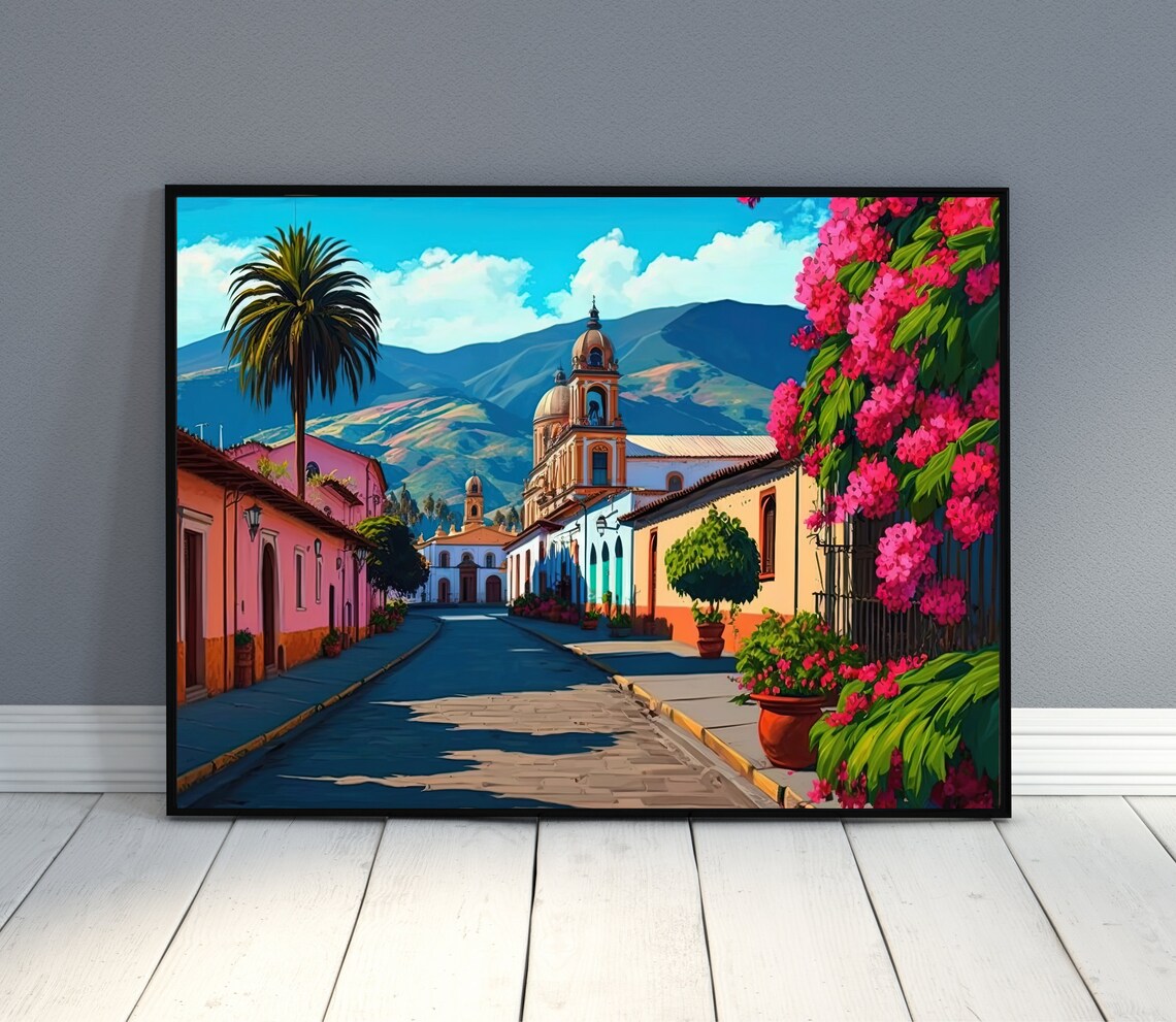 Mexican Colonial Town Street Church Mountain View Art Poster - Image 2