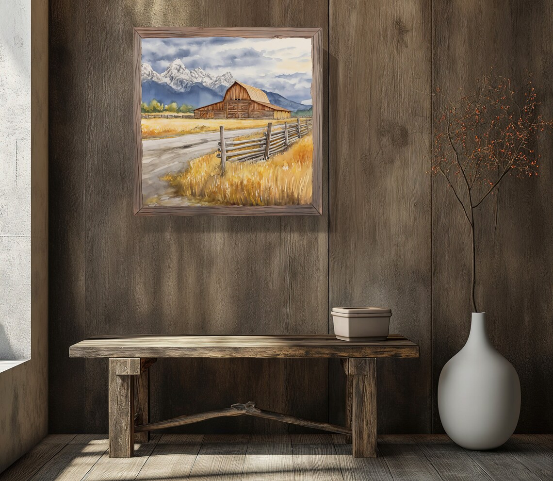 Moulton Barn and Grand Teton Mountains Wyoming Watercolor Poster - Image 4