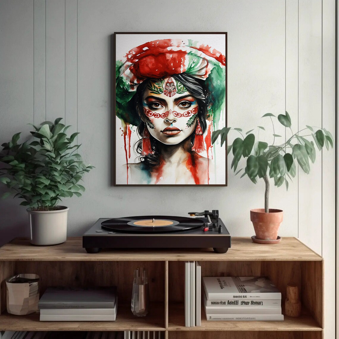 Mexican Woman Watercolor Portrait in Red Green Flag Art Poster - Image 2